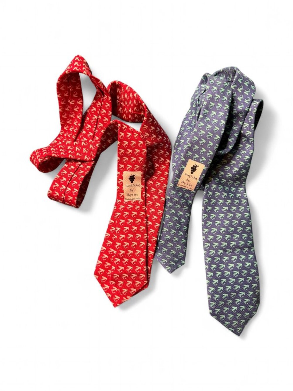 Pair Rare Vineyard Vines Custom Silk Swan Ties Shep & Ian Red Periwinkle Blue